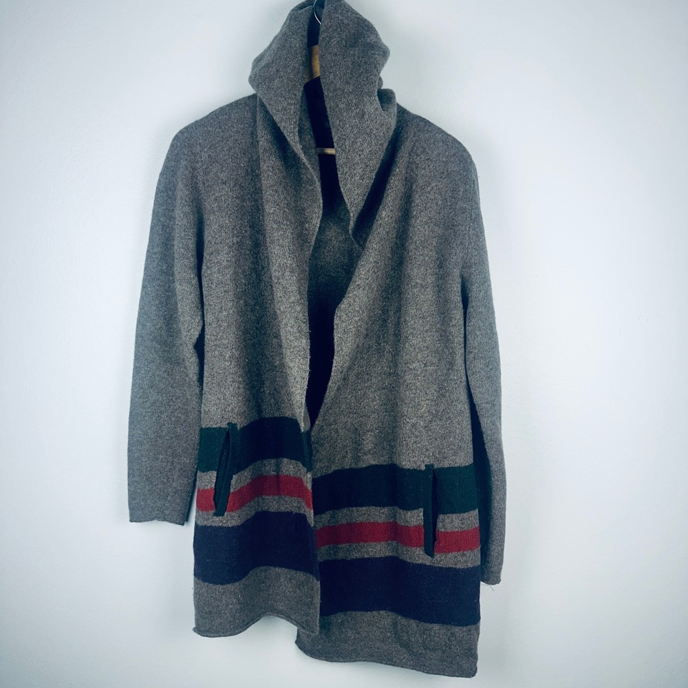 Toad&Co Merino Heartfelt Hoodie Gray Boiled Lambswool Striped Cardigan M